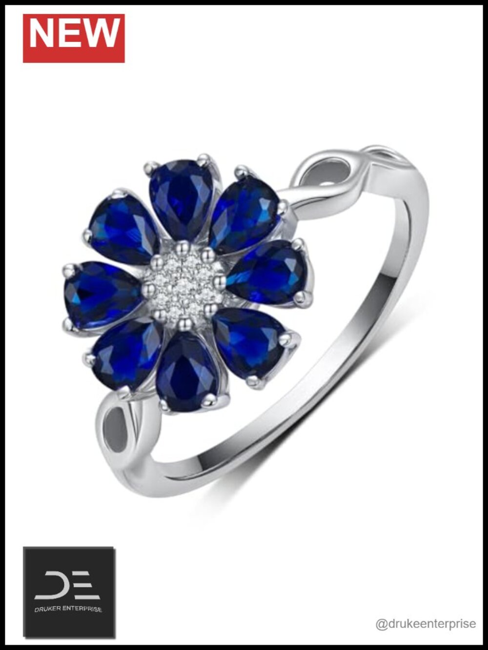 925 Sterling Silver Blue Sapphire Flower Ring for Women Pear Cut Statement